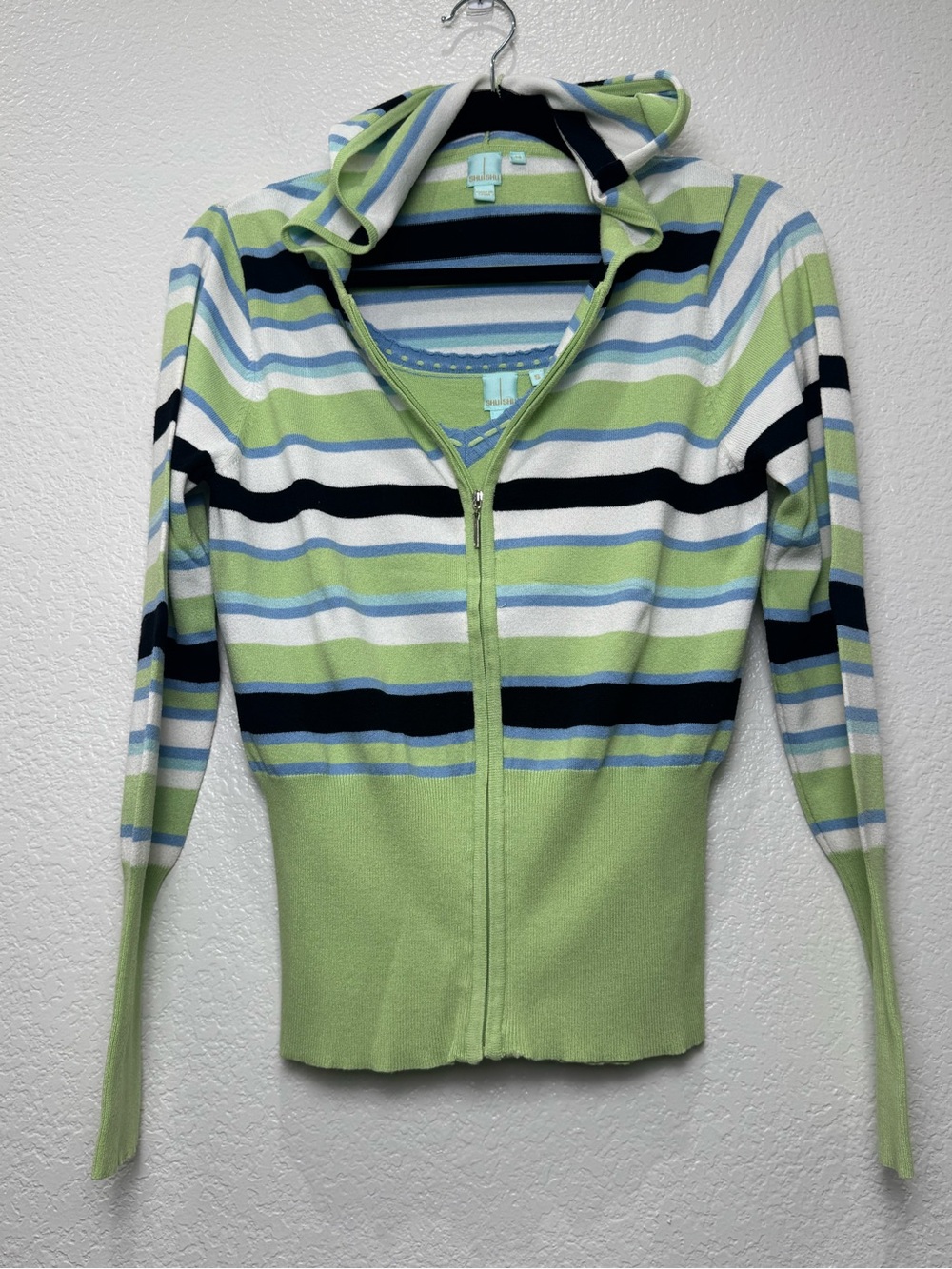 SHU SHU Sweater Set S M Green Blue Striped Zip Hoodie Tank Y2K 2 Piece
